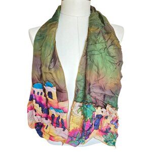 Handcrafted Scarf With Vibrant Hand-Painted Mediterranean Village Scene JJ3987